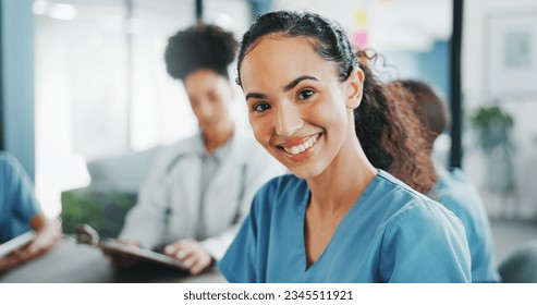 Worker, face or nurse in hospital meeting for medical student, life insurance medicine or treatment training. Smile, happy or healthcare woman in portrait, teamwork collaboration or clinic planning - Powered by Shutterstock