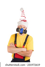 Worker in gas mask and santa hat. Isolated on a white background.