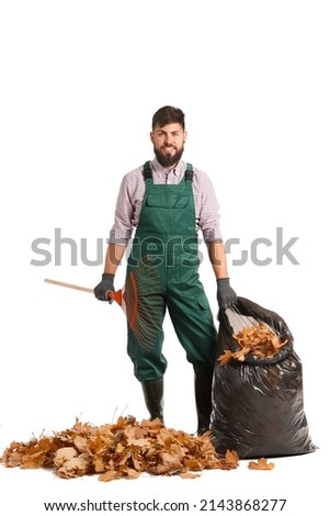 Similar – Image, Stock Photo Male gardener raking the the flower bed while the collegue is sweeping the terrace in summer