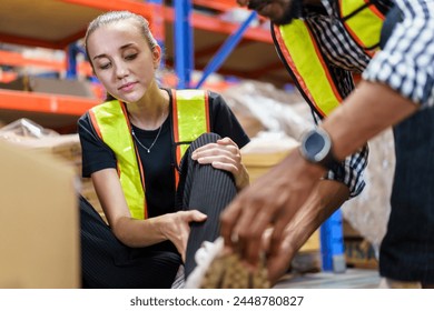 Worker got an accident while working inside the warehouse and his or her colleague quickly running to assist and call for emergency support. Warehouse worker have an accident during working.