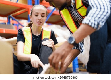 Worker got an accident while working inside the warehouse and his or her colleague quickly running to assist and call for emergency support. Warehouse worker have an accident during working.