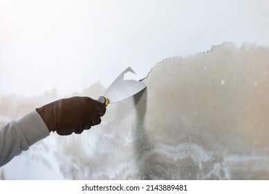 Worker hand holding trowel to peel off wall paint, Old house wall painter, Copy space. - Shutterstock ID 2143889481