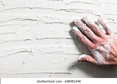 Worker Hand Stucco Plaster Wall Building Background Flat Lay Construction Repair Dirty White Concept