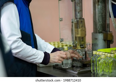 Worker hands and empty bottles on a conveyor belt in the production of alcoholic beverages.