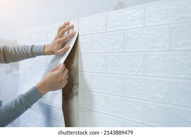 Worker hands sticking wallpaper on wall, Home decoration by yourself, Copy space. - Shutterstock ID 2143889479