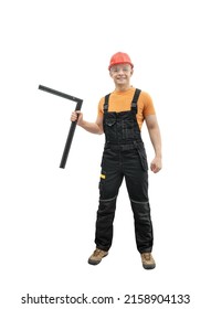 Worker Handyman Repairman Or Builder With Construction Angular Ruler, Stand Full Body In Black - Yellow Uniform And Smile On White Background, Isolated. Repair Service And Construction Concept