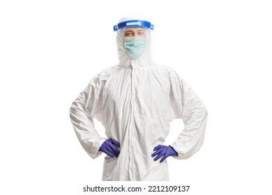 Worker In A Hazmat Protective Equipment With A Mask And Face Shiled Isolated On White Background