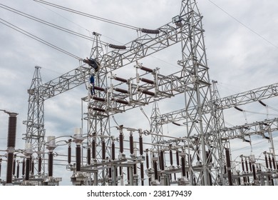 The Worker At High-voltage Electric Substation