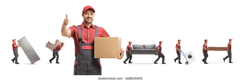 Worker Holding A Box And Movers Carrying Home Appliences And Furniture Isolated On White Background