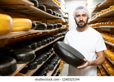 Worker Holding Cheese Wheel Covered With Black Wax At The Storage With Shelves Full Of Cheese During The Aging Process