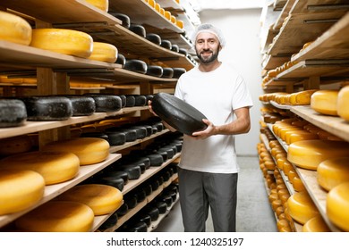 Worker Holding Cheese Wheel Covered With Black Wax At The Storage With Shelves Full Of Cheese During The Aging Process