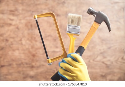 Worker Holding Hammer, Saw, Brush.