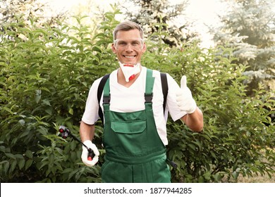 Worker with insecticide sprayer near green bush outdoors. Pest control - Powered by Shutterstock