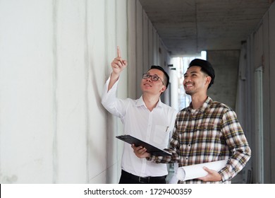Worker, Inspector is check, house inspect, audit, problem point out, advice with checklist and pointing new building with customer or client. Inspection and engineering concept