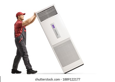 Worker Installing A Self Standing Portable Air Conditioning Unit Isolated On White Background