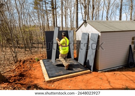 Worker installs large panels while standing on wooden platform during assembling storage shed surrounded by trees.