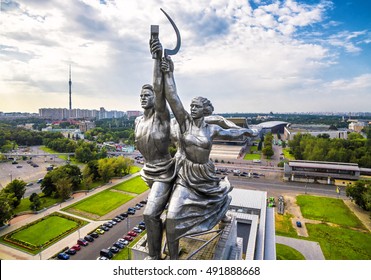 Worker And Kolkhoz Woman (Worker And Collective Farmer) By Sculptor Vera Mukhina, Famous Russian Monumen, Landmark Of Moscow, Russia. Theme Of Soviet Communist Art. Aerial View. Moscow - Aug 23, 2016