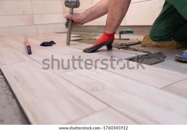A worker laying ceramic\
tiles in the bathroom with a rubber mallet gently aligns the floor\
plane.