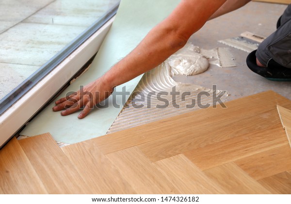 Worker Laying Parquet Flooring Worker Installing Stock Photo