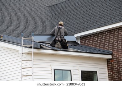 Worker Making Iron Roof Metal Steel Professional Roofer