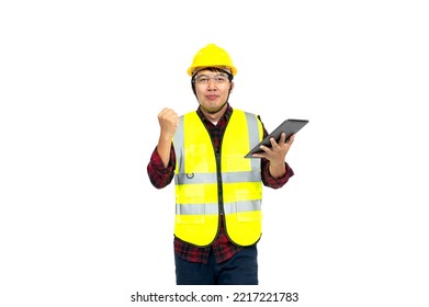 Worker Man Holding  Tablet  In A Yellow Vest And Hard Hat On White Background. Construction Concept, New Building. Banner.