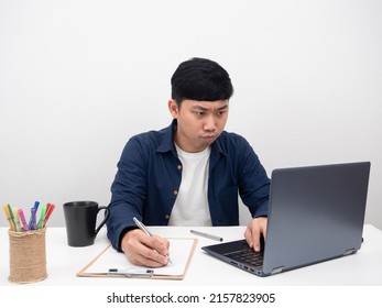 Worker Man Sitting At Office Workplace Serious Emotion Using Laptop On The Table