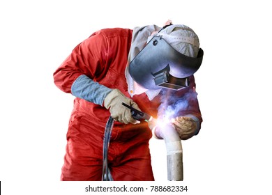 worker man welding piping isolated on white background