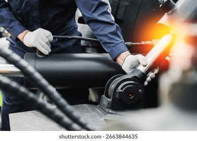 Worker mechanic Diagnostics pipe system of hydraulic hose valves in industry machinery truck.