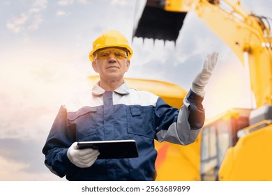Worker miner with digital tablet computer controls process of work of truck and excavator on open mine coal. Concept AI internet technology in industry.