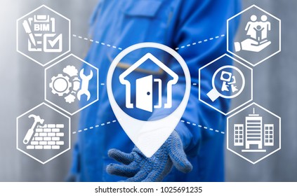 Worker Offers Location House Open Door Icon On A Virtual Interface. Real Estate Property Apartment House Build Construction BIM Designing Architecture Business Industry Concept.