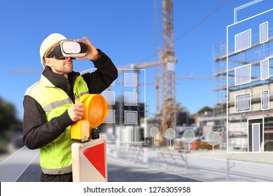 A Worker On Construction Site With VR Glasses Smart City