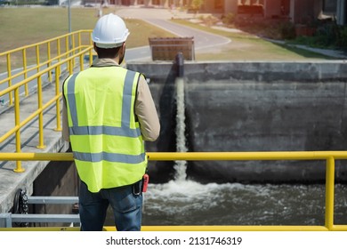  worker on Wastewater treatment concept. Service engineer on  waste water Treatment plant