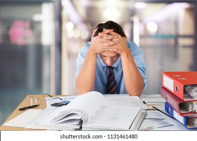 Worker overwhelmed executive working in the office