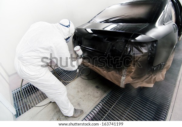 Worker Painting Car Garage Using Airbrush Stock Photo Edit Now