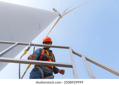 worker in Personal Protective Equipment work with wind turbine farm.  people in Safety Harness work on wind mill. - Powered by Shutterstock