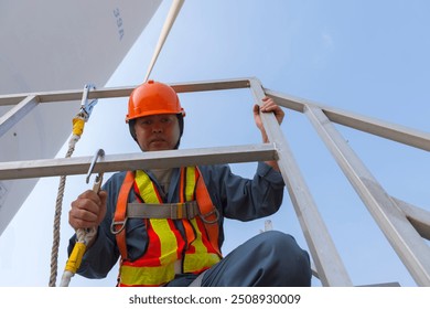 worker in Personal Protective Equipment work with wind turbine farm.  people in Safety Harness work on wind mill. - Powered by Shutterstock