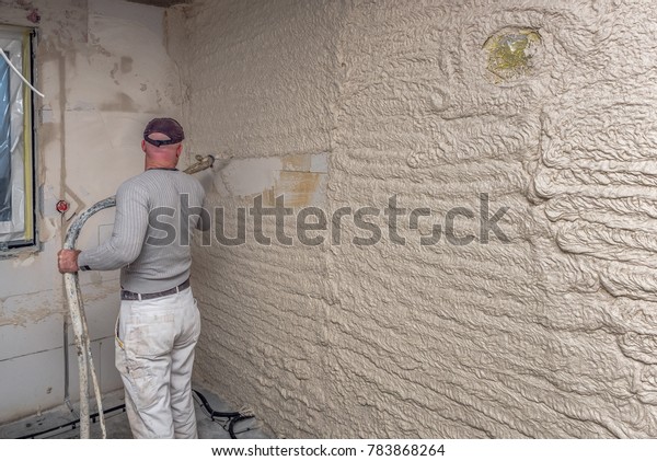 Worker Plastered Interior Walls Plaster Pump Stockfoto