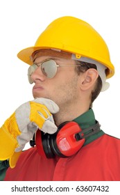 Worker posing isolated in white