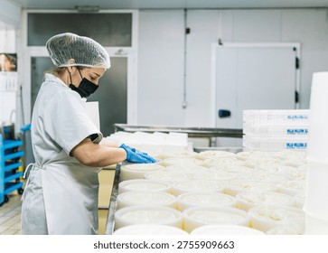 Worker preparing fresh cheese curds into molds on a production line in a clean facility