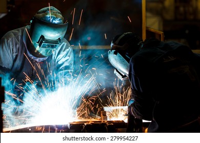 worker with protective mask welding metal - Shutterstock ID 279954227