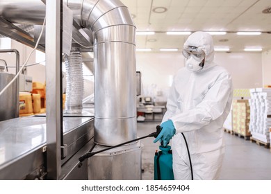 Worker In Protective White Protective Uniform With Mask And Rubber Gloves Holding Sprayer With Disinfectant And Spraying Machine In Food Factory.