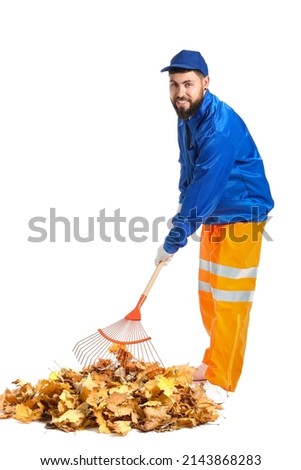 Similar – Image, Stock Photo Male gardener raking the the flower bed while the collegue is sweeping the terrace in summer