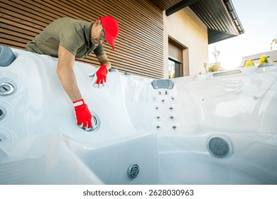 A worker in red gloves inspects the features of a hot tub located outside a contemporary home. The setting shows clean lines and natural materials, indicating it is day. The individual