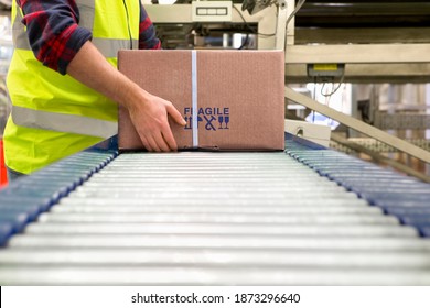 Worker in a reflector vest processing cardboard boxes on a conveyor belt at a distribution warehouse. - Powered by Shutterstock