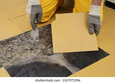 Worker Removing Old Vinyl Tiles From Kitchen Floor Using Spatula Trowel Tool