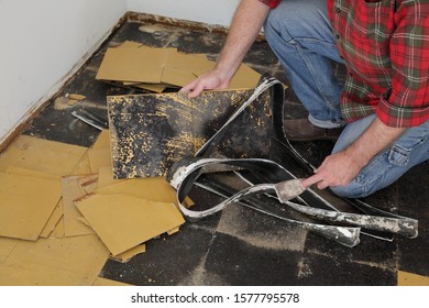 Worker Removing Old Vinyl Tiles From Kitchen Floor Using Spatula Trowel Tool