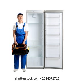 Worker Of Repair Service Near Fridge On White Background