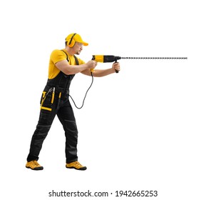 worker repairman or builder worked with construction tool - hammer drill percussion perforator , stand full body in black - yellow uniform on white background, isolated. Repair - construction concept 
