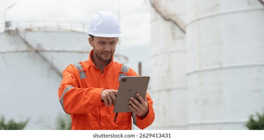 Worker in safety gear using tablet near industrial storage oil tanks refining petrochemical industry factory.