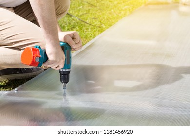 Worker Screwing Screw Into Polycarbonate. Building Greenhouse 

